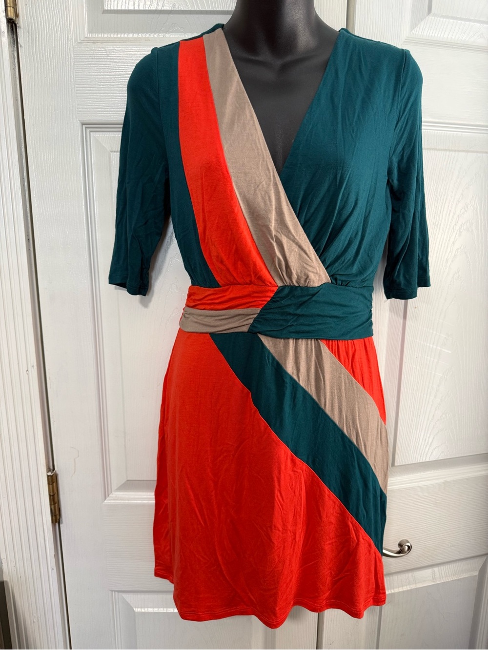 Colorblock Wrap Dress in Teal, Red & Taupe